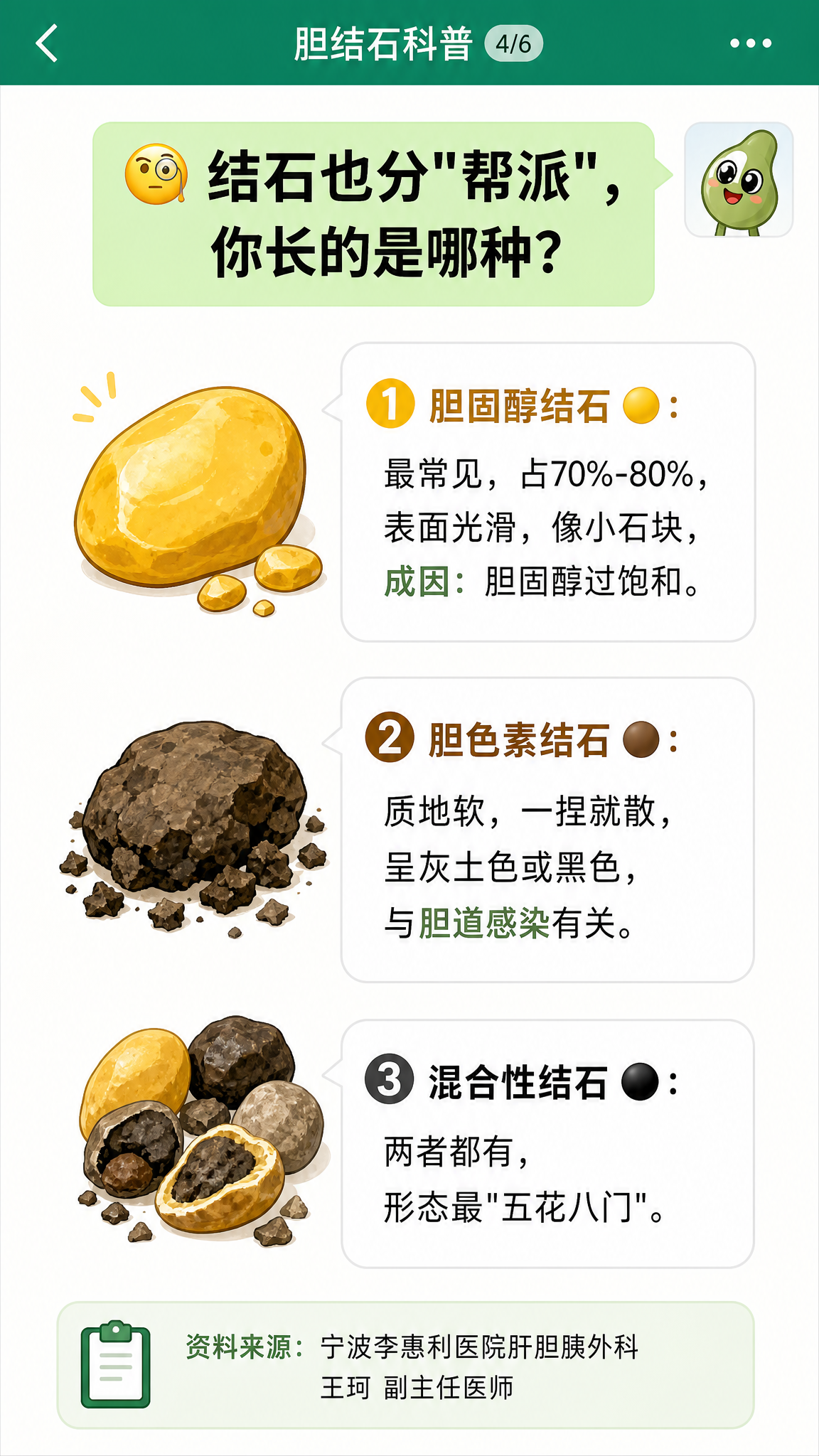 胆结石科普图文第四页，三类结石嫌疑人，微信聊天风格，尺寸108… - 图片创意预览