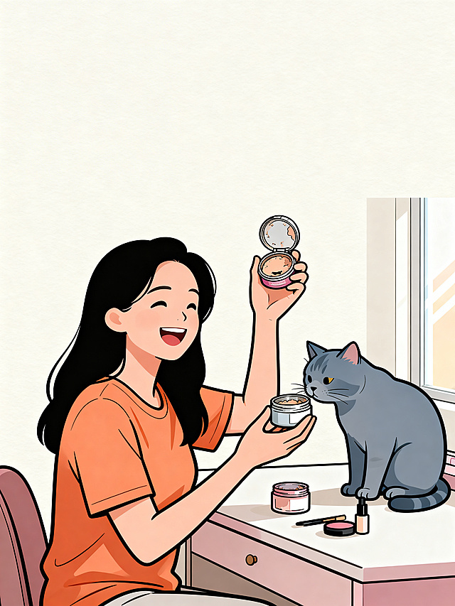 现代极简扁平插画风矢量图，干净利落的细黑描边，无渐变无阴影，纯色填充。竖版构图，画面分为上下两部分，上半部分约占二分之一是米白色纯色留白区域，干净无元素方便添加标题文字。下半部分约占二分之一是插画主体，一位温柔的长发职场妈妈身穿暖橙色T恤，坐在化妆台前，手里举着一个空卸妆膏罐子和一个铁皮见底的粉饼，脸上带着满足得意的笑容，化妆台上摆着几件化妆品，其中两个明显是空的，一只灰蓝色纯色填充的英短蓝猫蹲在化妆台一角好奇地闻那个空罐子，背景是米白色墙面，窗外有淡淡的阳光，下半部分构图饱满不拥挤。整体为暖调马卡龙色系，治愈松弛，主色调为暖橙、奶白、浅灰、灰蓝、豆沙粉，杰作，最佳质量，8K高清，构图居中，非3D，非写实，无文字水印