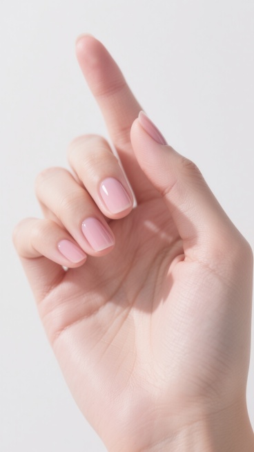 一张高分辨率的手部特写图像，采用超写实主义风格，光线柔和均匀，从斜上方照射，形成自然的阴影过渡，凸显手部细腻的皮肤纹理、清晰的血管走向和自然的骨骼轮廓。女性的右手，食指微微向上翘起，拇指轻靠食指根部，其余手指自然弯曲，呈现出优雅放松的姿态。指甲修剪整齐，涂抹着淡粉色的指甲油，光泽自然。手部皮肤呈现出健康的淡粉色，肤质细腻光滑，具有真实的质感和立体感。背景为纯白色，简洁干净，没有任何多余元素，使……预览效果