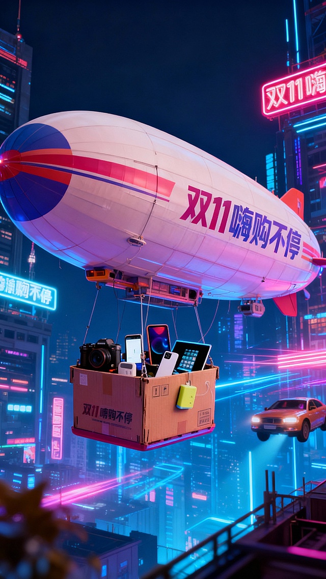 赛博朋克风3D场景，霓虹闪烁的未来都市中，巨型飞艇悬挂满载数码产品的纸箱，金属与塑料质感交织，虚拟现实感十足，双11狂欢氛围拉满。