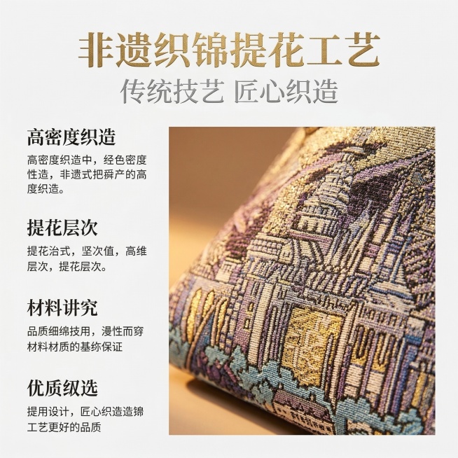 严格还原产品细节，主体为中号托特包特写，聚焦织锦提花工艺细节，展示城堡图案的纹理质感，暖光特写镜头，突出面料的高密度与立体感。主标题：“非遗织锦提花工艺”，烫金衬线字体，画面上方居中；副标题：“传统技预览效果