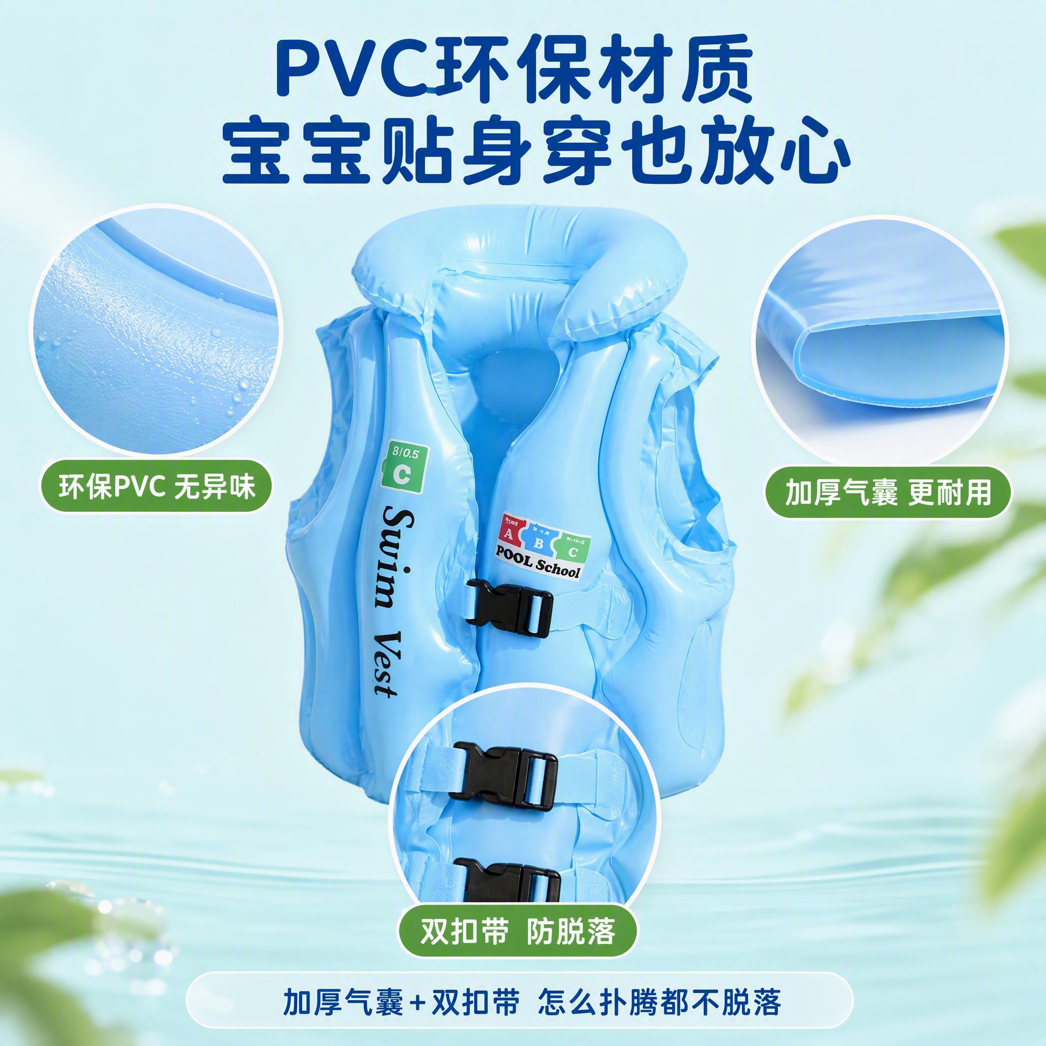 拼多多风格儿童浮力背心主图第三张，材质细节安心背书。画面中央蓝… - 图片创意预览