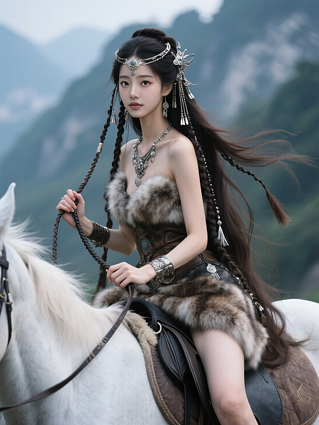 民族风服饰，古典唯美的动漫少女骑马，虚拟现实山景背景。