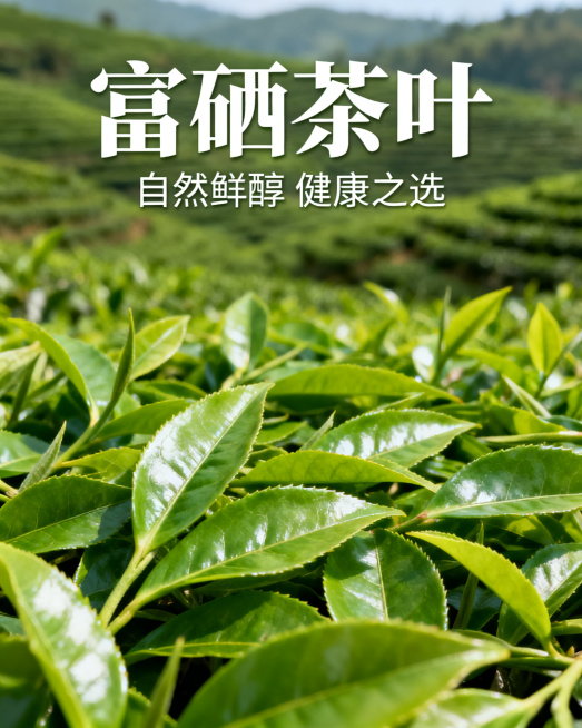 一张高端的富硒茶叶产品宣传图，绿色茶园背景，新鲜翠绿的茶叶展示，自然清新风格，画质清晰，突出富硒茶叶健康天然的特点，画面干净高级预览效果