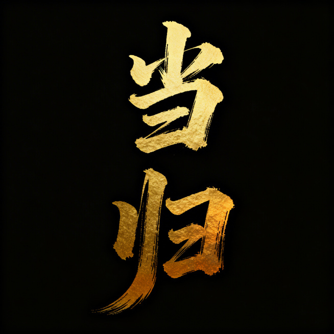 设计两个狂草书法字体文字"当归"，草书书法风格，笔触洒脱狂放，颜色是金色渐变效果，纯干净背景，无多余元素，仅展示两个草书文字预览效果
