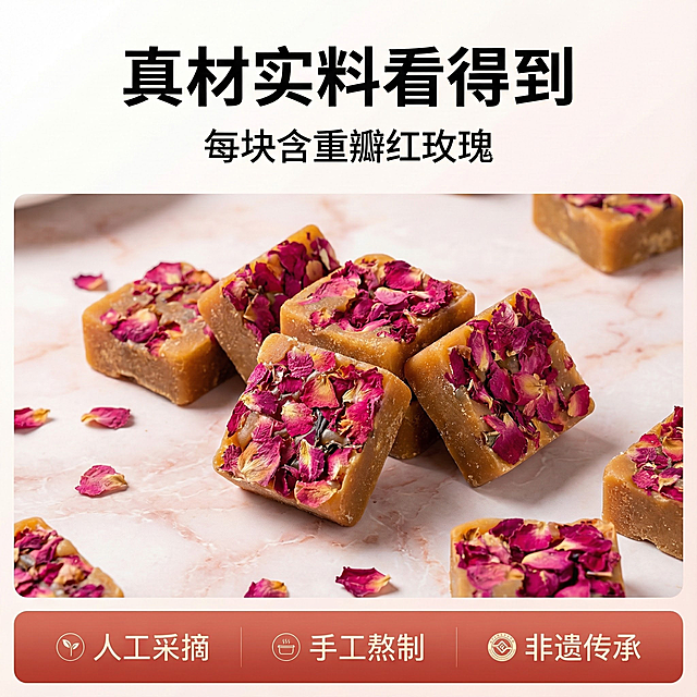 这张图片是产品主体这款产品是云南古法玫瑰红糖 我需要设计20张主图在拼多多上面售卖   主图场景  多增加一些玫瑰红糖水的设计 色调偏微红一些 要求高级  主图文案内容 玫瑰暖养 红润好容颜 古法手作 百年非遗 真材实料 重瓣红玫瑰 方便携带 天而不捏 味道醇厚 口感温润  口口甘蔗清香 原汁红糖 古法工艺 手工熬制红糖 好吃不上火 72 小时慢火熬制 无高温浓缩 保留红糖原香与玫瑰活性成分 精选云南高山甘蔗 人工采摘玫瑰 手工搅拌挂霜 每块都带自然玫瑰花瓣 暖腹驱寒 缓解痛经  告别手脚冰凉 补气血 改善气色