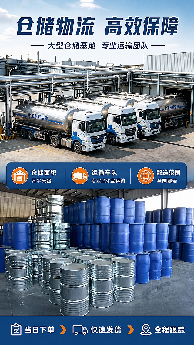 [第6张] 详情页仓储物流展示-大型仓储+专业运输车队。本张使用【图5】化工原料运输罐车队、【图8】仓库桶装化工原料作为仓储与物流视觉元素。
[氛围/风格] 工业专业风，高效可靠，商业摄影质感，突出仓储规模与物流能力。
[元素布局] 画面上下分两区：上半区为专业化工运输罐车队场景，多辆不锈钢罐车整齐排列在厂区，体现运输实力；下半区为大型仓库内部，整齐码放的蓝色化工桶与金属桶，体现仓储能力；两区之间有渐变过渡与信息条分隔；车辆、仓库、桶的结构、材质、颜色与输入图一致。
[光影质感] 日间自然光，上半区户外明亮，罐车金属表面有高光反射；下半区仓库内顶部照明，桶身呈现均匀光泽；整体明亮通透，层次分明。
[配色色系] 全局底色 上半区蓝天浅灰 + 下半区仓库暖灰；主色深蓝 #1A3A6B 标题 + 白色文字；辅助色工业蓝 #2E6FB5 信息条 + 银灰金属色；点缀色橙色 #E87722 用于强调标签。
[视角构图] 竖版上下分区构图，阅读动线顶部标题 → 上半区物流车队 → 中间信息条 → 下半区仓储场景 → 底部总结。
[文字版式] 版式为顶部大标题 + 上下双场景 + 中间信息条 + 底部总结。主标题「仓储物流  高效保障」，副标题「大型仓储基地  专业运输团队」；中间信息条标注「仓储面积  万平米级」「运输车队  专业危化品运输」「配送范围  全国覆盖」；底部「当日下单  快速发货  全程跟踪」；文字叠加在画面留白处，不遮挡主体。
[比例分辨率] 9:16 竖版比例，4K 分辨率，文字清晰可辨，高清画质。
[负向提示词] 车辆变形，桶身变形，缺件错件，颜色偏差，水印，文字错乱，产品图模糊，人物出现。