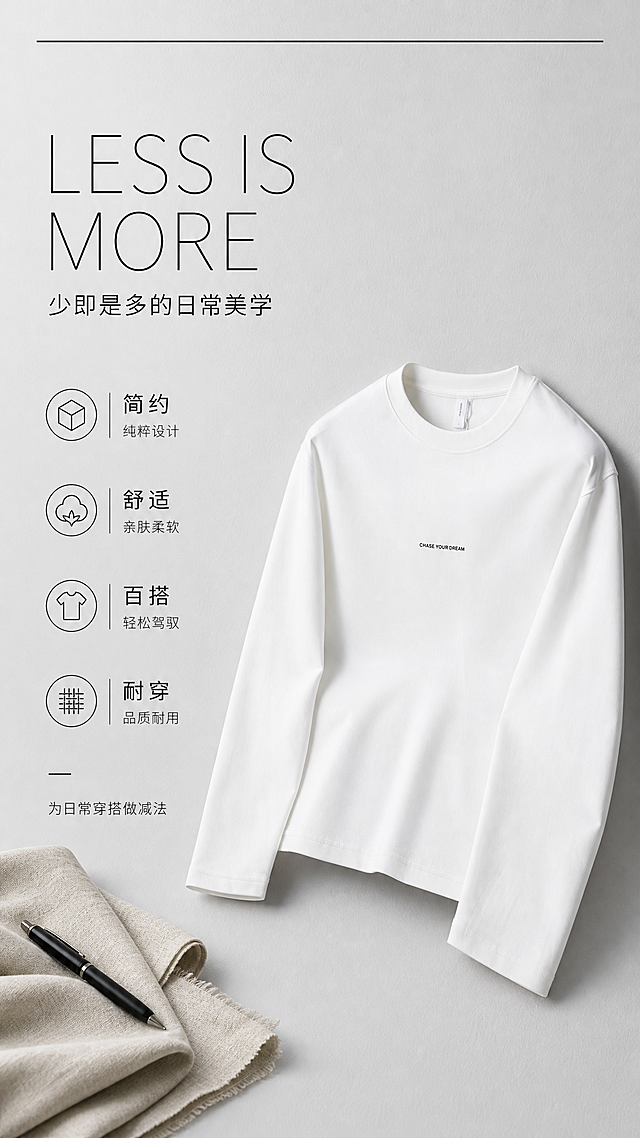 [第2张] 详情页设计理念页-简约字母印花白色圆领长袖T恤风格解析。本张使用【图1】作为商品主体。
[氛围/风格] 极简ins风，杂志内页排版，干净克制，高级质感。
[元素布局] 白色长袖T恤置于画面右侧，占比约45%，45度斜侧角度展示，衣身结构、圆领、胸前小字母印花与输入产品图完全一致；左侧为大面积留白的文字区；背景为浅灰色哑光墙面质感；左下角放置一块折叠的米白色亚麻布料和一支黑色钢笔作为装饰；画面上方有一条细细的黑色水平线装饰。
[光影质感] 均匀柔光，衣身有自然的明暗过渡，面料肌理清晰，整体柔和不刺眼。
[配色色系] 全局底色 #EDEDED 浅灰色；主色白色衣身；辅助色黑色文字、米白亚麻布点缀。
[视角构图] 斜侧45度视角，左文右图布局，阅读动线从左上标题 → 中部关键词 → 右侧产品。
[文字版式] 左侧文字区竖向排版。主标题「LESS IS MORE」，下方中文副标题「少即是多的日常美学」；再下方排列4个风格关键词卡片：「简约」「舒适」「百搭」「耐穿」，每个关键词配一个细线小图标；关键词下方加一行小号说明文字「为日常穿搭做减法」；字体为纤细无衬线体，字重有层次。
[比例分辨率] 9:16 竖版比例，2K分辨率，文字清晰可辨，高清画质。
[负向提示词] 衣身变形，颜色偏差，缺件错件，水印，文字错乱，文字过小，产品图模糊，背景杂乱，字母印花错误。