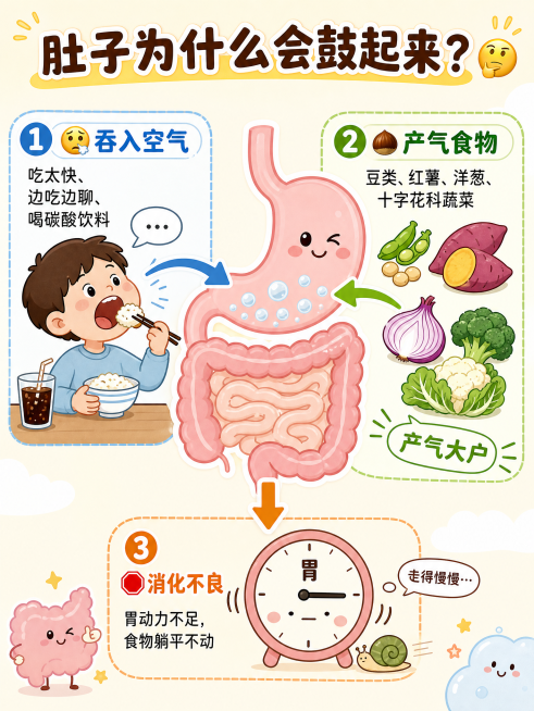 科普图文第三页，主视觉是简化的胃肠道漫画图，用不同颜色箭头和标签标示胀气原因，上方标题"肚子为什么会鼓起来？🤔"，左侧原因1：😮‍💨吞入空气，说明文字吃太快、边吃边聊、喝碳酸饮料，图示是张嘴吃饭预览效果