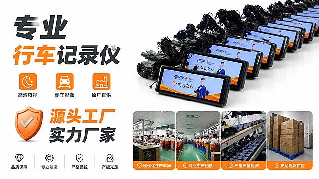 重新设计1688首页装修广告大图，纯白色背景，高端大气商务风格，体现源头工厂强大生产实力，去掉公司名称文字，保留主标题“专业行车记录仪”，卖点标签“高清夜视”、“倒车影像”、“原厂直供”，突出“源头工厂 实力厂家”，整体版式简洁大气有高级感，所有产品外观保持原图片不变，文字清晰不遮挡主体，横版构图16:9比例，超高清4K