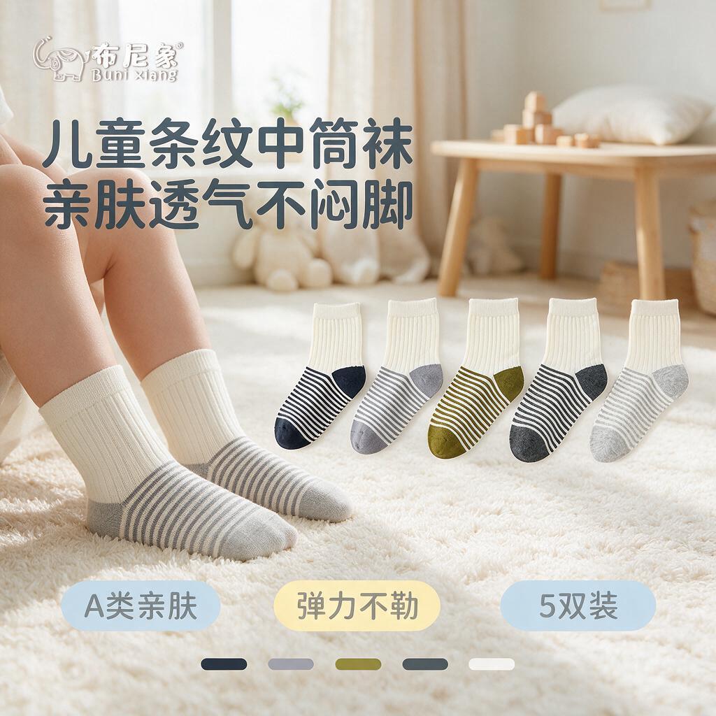 [主图-1] 儿童袜子首图，突出亲肤舒适与多色选择，吸引宝妈点… - 图片创意预览