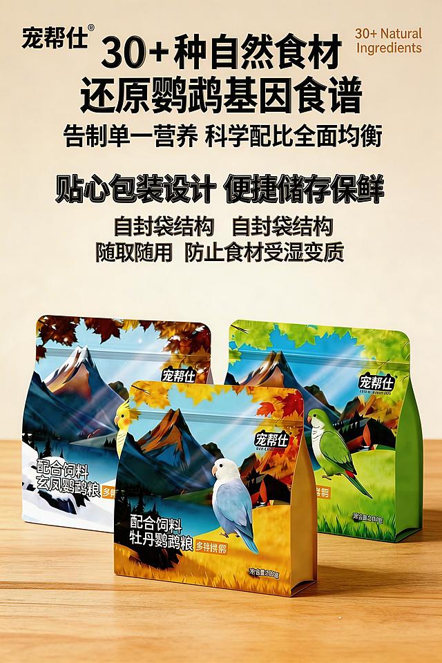 2:3 竖版电商详情图，严格还原宠帮仕鹦鹉专用配合粮产品包装细节，包装设计、颜色、LOGO、文字、图案元素、哑光质感均与参考图完全一致，产品与场景物体比例保持 1:1 协调。画面特写展示包装的自封袋拉链结构，背景为浅木色台面，突出包装的防潮保鲜功能。主标题："贴心包装设计 便捷储存保鲜"，副标题："自封袋结构 随取随用 防止食材受潮变质"，文字采用无衬线字体，底部居中排版，突出包装实用性，整体风格统一为简约实用风，高清质感。负面提示词：禁止改变产品包装细节；禁止模糊包装拉链结构；禁止杂乱背景；禁止使用夸张滤镜；禁止文字排版混乱；禁止出现与产品无关的元素；禁止产品比例失调；禁止风格偏离简约实用。