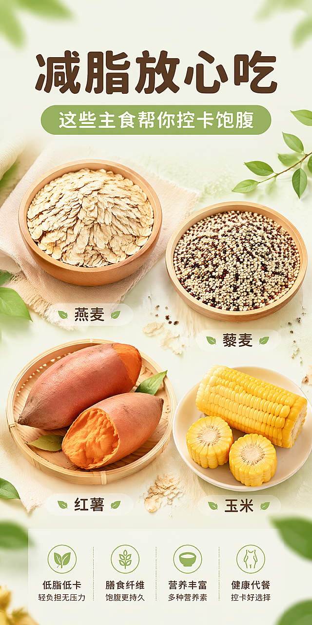 我需要一张长图 里面包含减脂期可以吃哪些主食 要包含主食图片和名称