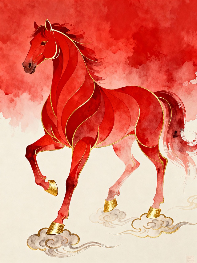 水墨画，一匹骏马脚踏祥云抽象画风（前后马蹄各踏一朵祥云），流动红色弧形色块叠加的抽象骏马，哑光金勾边，马形线条带有流动感，金色马蹄，柔美，传统新中式美学。大红色弥散背景（从上到下是大量红色向米白色渐变）