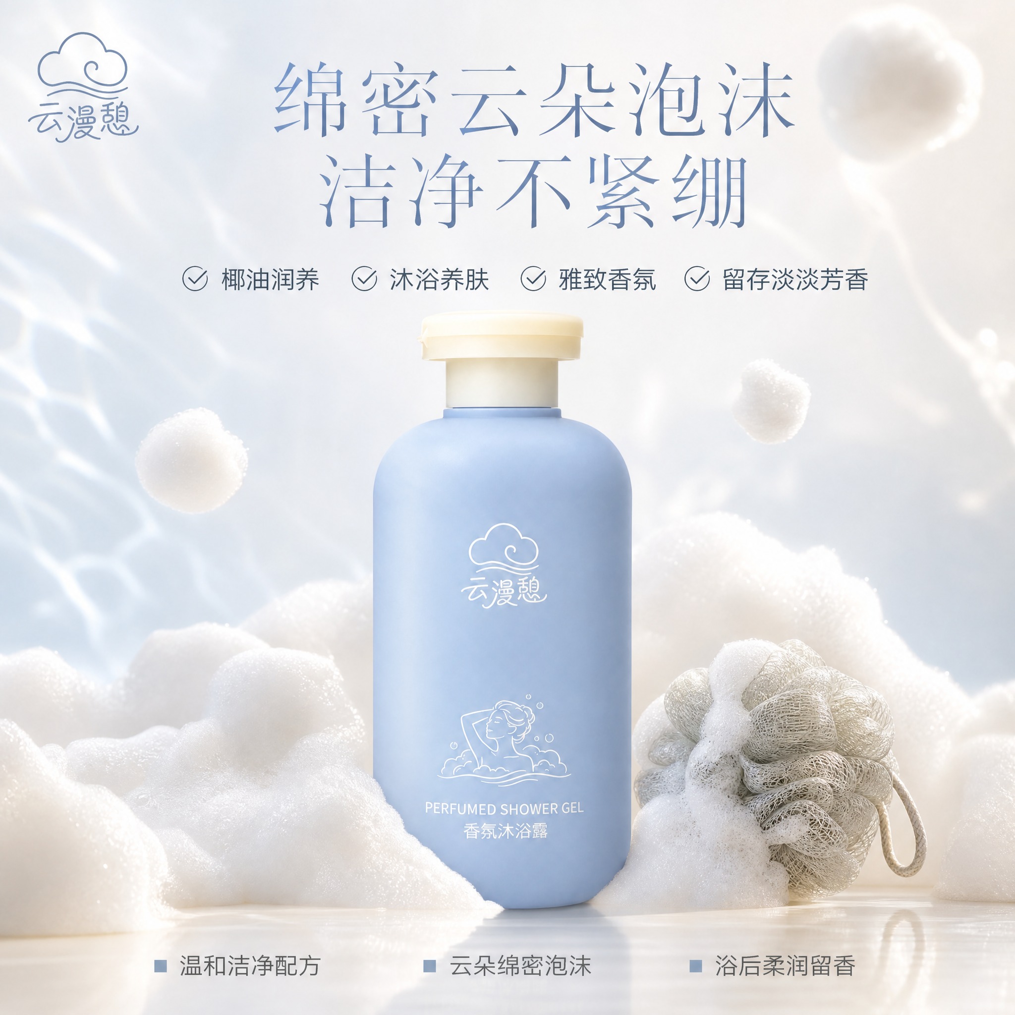 [主图2] 云漫憩香氛沐浴露 功效主图 居中突出瓶身 环绕泡沫… - 图片创意预览