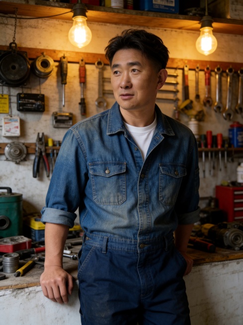 参考图中保留人物脸型、发型、年龄等特征生成防水维修工匠复古形象，胶片复古风格，标准焦段50mm,f/2.8光圈,平视视角;人物占画面70%,人物居中(居中构图),位于画面中心,为视觉聚焦点,入境范围头预览效果