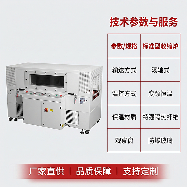 [主图 5] 标准型收缩炉参数与服务承诺图。
[氛围风格] 专业严谨工业风，光影风格和全套主图保持统一；
[画质] 商业摄影质感、产品清晰、排版工整、画面干净高级。
[元素] 标准型收缩炉完整展示在画面左侧偏中位置，占比约50%；右侧极细线框红色边框表格罗列核心技术参数；保持机器外观和输入产品图一致，无变形色差；整体满铺无边框，浅灰色背景。
[光影] 正面硬光，产品和文字都清晰锐利，和全套主图光影调性一致。
[配色] 主色调机器灰白，背景浅灰，表格边框和标题文字红色，内容文字深灰，对比清晰。
[视角构图] 左产品右参数，二分构图，布局工整，呼吸感充足。
[文字版式] 顶部红色主标题粗体最大号：技术参数与服务；参数表格第一列表头红色文字：参数/规格，红色标题：标准型收缩炉，罗列核心参数：输送方式/滚轴式，温控方式/变频恒温，保温材质/特强隔热纤维，观察窗/防爆玻璃；画面底部半透明悬浮红色底白字横向排列服务承诺：厂家直供 品质保障 支持定制；文字排版工整不遮挡主体，上下文案红色突出重点。
[比例分辨率] 1:1比例，2k分辨率；文字清晰可辨，超高清。
[负向提示词] 变形，水印，文字错乱，产品图模糊，背景杂乱，排版歪斜。