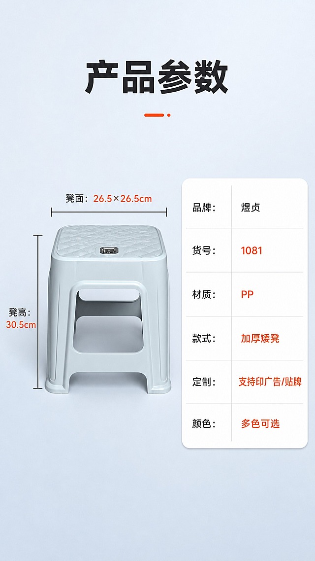 [商品] 使用【图1】浅灰色加厚矮凳标准正面照；保留产品结构、颜色、形状、尺寸不变；产品旁配尺寸标注线，标注凳高30.5cm、凳面26.5×26.5cm。
[画面] 目标：规格参数页，信息清晰专业，方便批发客户快速了解产品。构图：左侧产品标准照+尺寸标注，右侧参数信息卡；景别：中景；场景：纯净浅灰蓝渐变背景，专业简洁；阅读动线：先看产品和尺寸，再看参数表。
[视觉] 套系策略：风格=1688批发风·简约工业感商业摄影；标题字=粗黑体；正文字=常规黑体；主色=浅灰蓝；背景延展=浅灰蓝渐变背景，信息卡区域用白色圆角卡片突出；强调色=橙红色，仅用于尺寸数字、重点参数；标题色=深炭灰；正文色=中灰；组件=尺寸标注线、圆角参数卡、表格线；光影=正面柔光，产品清晰端正。
[文字] 顶部标题"产品参数"，产品旁用标注线标明："凳高：30.5cm"、"凳面：26.5×26.5cm"；右侧参数卡内容："品牌：煜贞"、"货号：1081"、"材质：PP"、"款式：加厚矮凳"、"定制：支持印广告/贴牌"、"颜色：多色可选"；文字全部横向排版，清晰易读。
[规格] 图片比例9:16竖版，分辨率4K，负向提示：避免变形、错字、文字过小、食品级字样、参数错误、尺寸标注混乱。