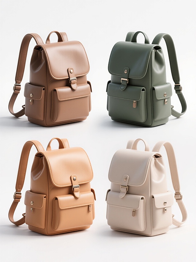 4个不同配色、不同样式的书包，采用3D渲染风格，具有光滑细腻的皮革质感，柔和的光影效果，高光和阴影过渡自然，每个书包保持简约时尚的设计基调，包含翻盖、卡扣、侧袋和肩带等细节，整体排列整齐，置于纯白色背景上，构图居中对称，视觉层级清晰，色彩搭配和谐且各具特色，传达出清新、实用且美观的设计感。