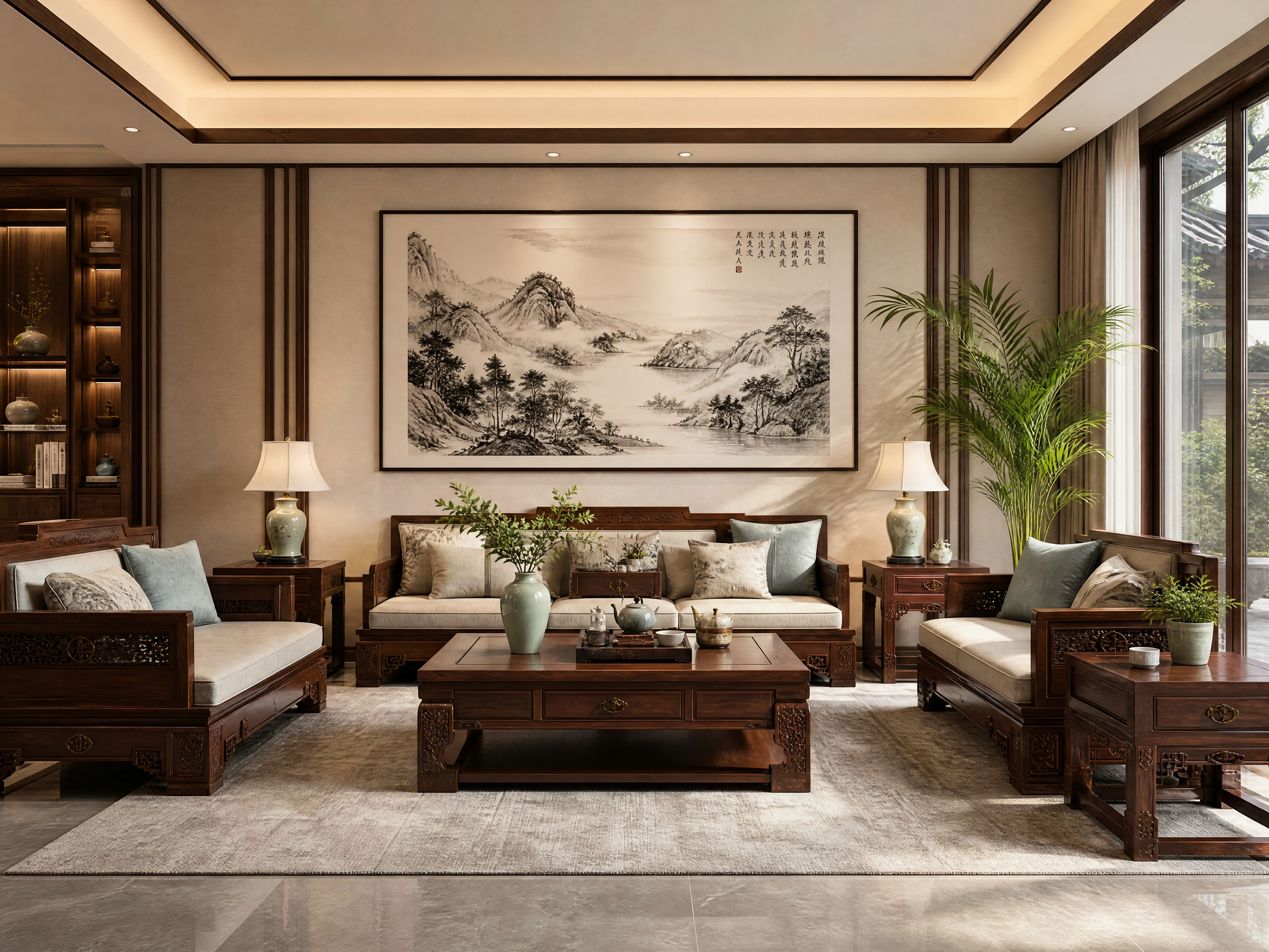 新中式风格客厅全景图，深棕色实木沙发搭配米色软垫，中间放置雕花… - 图片创意预览