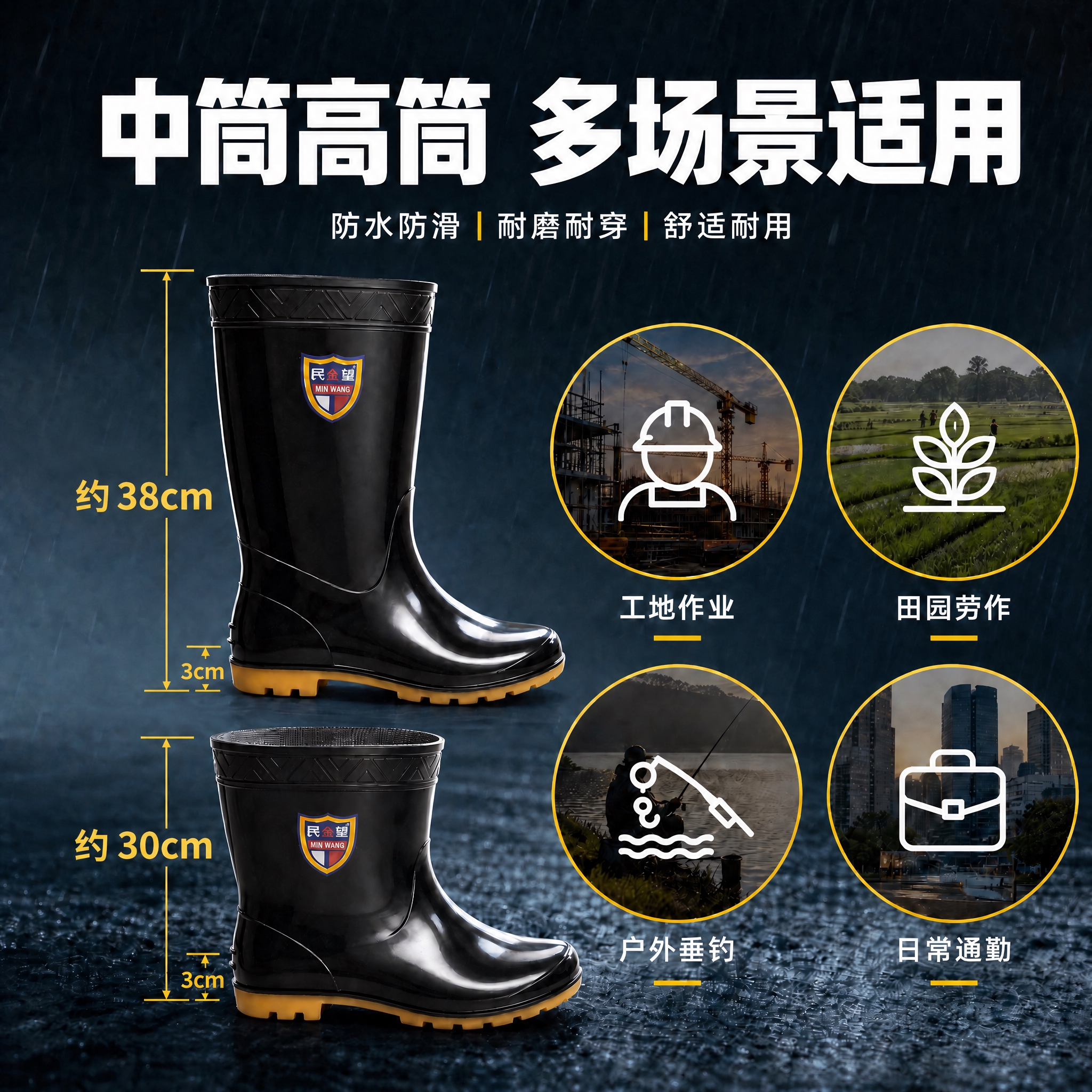 修改这张雨靴对比图：1. 删除底部的小字「尺码越大 高度越高」… - 图片创意预览