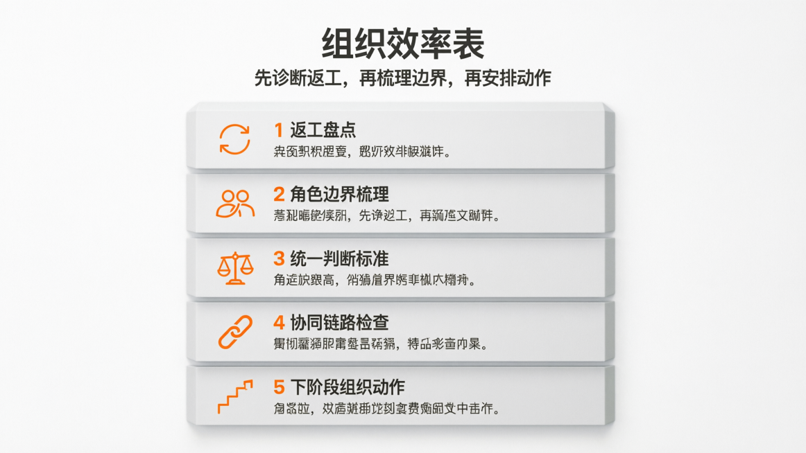 食品消费品信息图，标题“组织效率表”，副标题“先诊断返工，再梳理边界，再安排动作”，标题和副标题在图片最上方居中，标题字体思源黑体Bold，副标题字体思源黑体Normal，文字颜色深灰色#0e1619预览效果