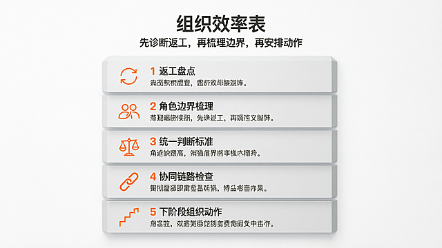 食品消费品信息图，标题“组织效率表”，副标题“先诊断返工，再梳理边界，再安排动作”，标题和副标题在图片最上方居中，标题字体思源黑体Bold，副标题字体思源黑体Normal，文字颜色深灰色#0e1619。版式结构为五行流程，从上到下每行一个标题加短句，文字依次是：1 返工盘点、2 角色边界梳理、3 统一判断标准、4 协同链路检查、5 下阶段组织动作。每行区块用细线分割，每个行块配有少量简洁图标，所有内容行块呈现立体卡片效果。整体采用克制留白，严格栅格排版。背景颜色浅灰色#f1f2f3，内容文字深灰色#0e1619，搭配少量橙色#ff7d11点缀，按需使用白色。无Logo，无水印，无人像，无复杂纹理背景。