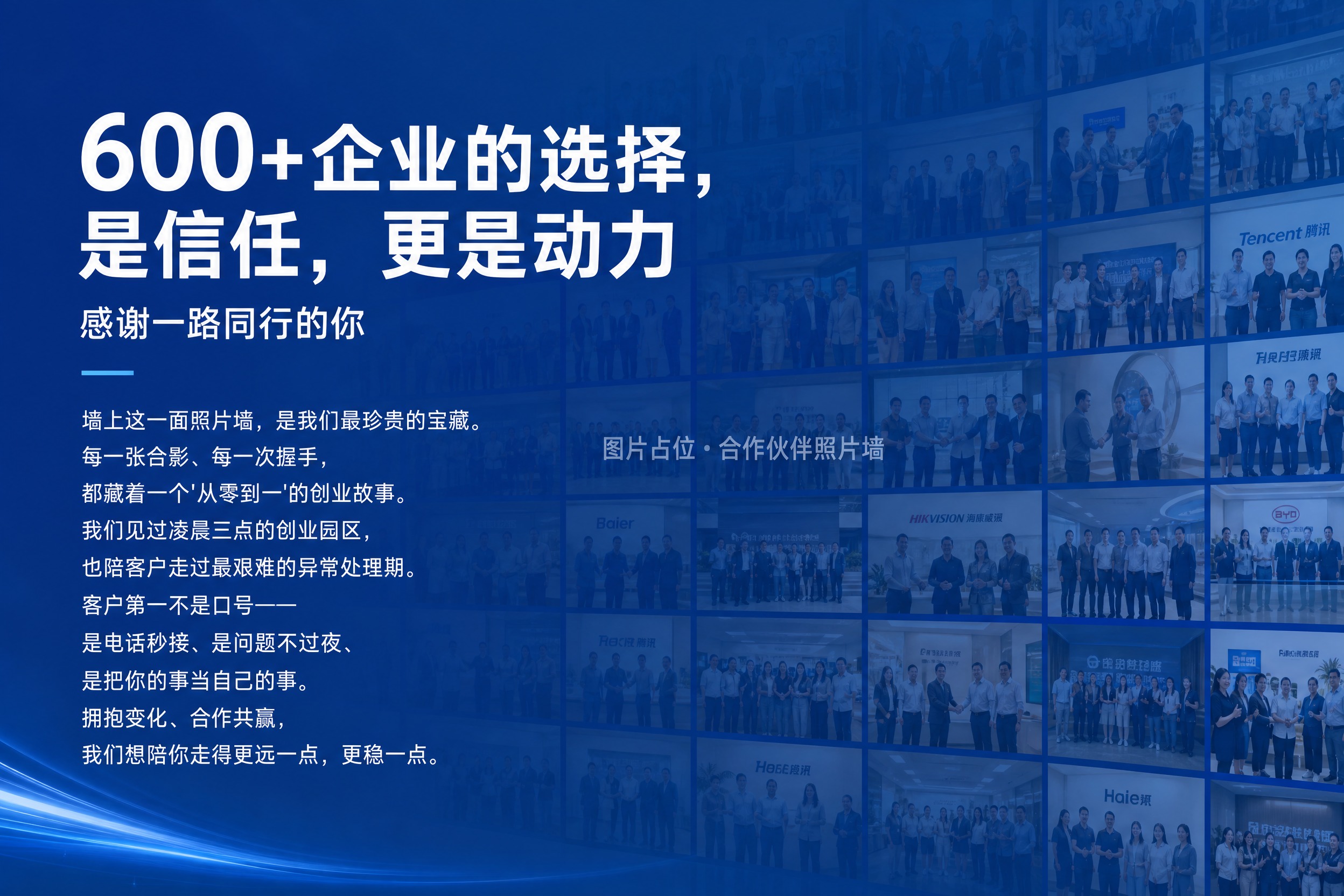 企业宣传册内页-合作伙伴，A4横版，蓝白商务专业风格。整页以大… - 图片创意预览