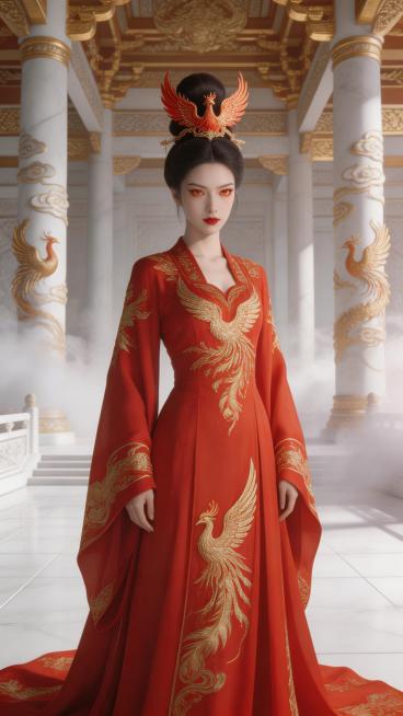 古风玄幻仙界贵族女子，凤凰嫡长公主，绝色容颜，凤眸赤金瞳色，肌肤莹白，唇色朱红，自带高贵气场，神色清冷锐利，生人勿近。身着正红色凤凰纹样礼裙，广袖流仙，金线绣纹，搭配赤金凤凰发饰，身姿挺拔，立于庄严的预览效果