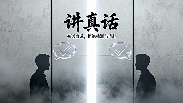 核心大字（极醒目）： 讲真话

辅助小字： 有话直说，拒绝猜测与内耗。

视觉画面描述：

背景： 原本有一层灰蒙蒙的迷雾，或者隔着一面毛玻璃墙。

核心动作： 一道强烈、笔直、纯净的光束（代表真话）穿透了迷雾/玻璃。

效果： 光束连接了左右两个简洁的人像剪影（或对话气泡）。气泡里没有弯弯绕绕的线条，只有清晰、透明的对勾（✓）符号。沟通零障碍。