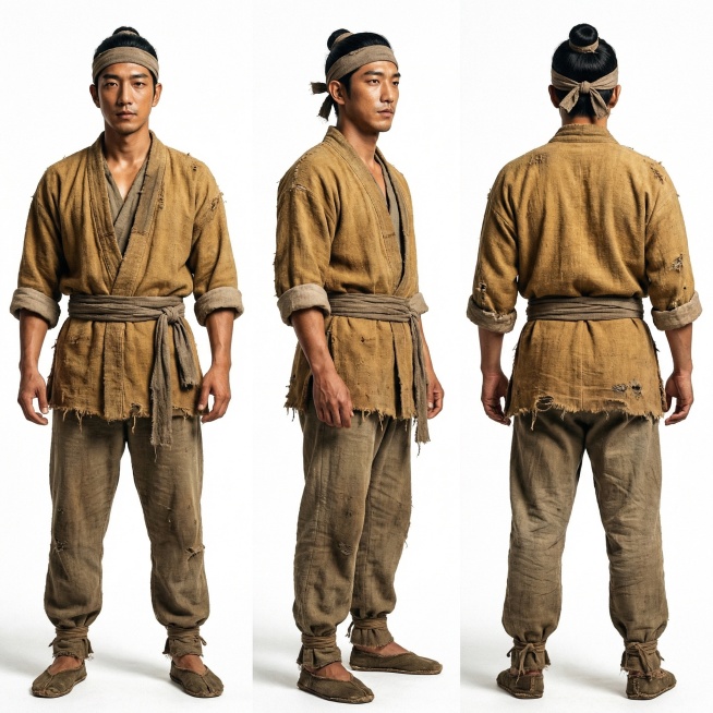 生成人物三视图，白底背景，60年代邵氏兄弟武侠电影风格，主角是年轻农夫，黑发整齐后梳，束发戴日布巾，面容朴实硬朗，浅麦色皮肤，身穿土黄色粗布短打对襟小褂，下穿扎脚布裤，挽袖露小臂，腰间系粗布腰带，布料预览效果