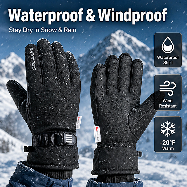 Waterproof and windproof function demonstration infographic for men's ski gloves. Main visual: the same black SOLARMO ski gloves from the input image, worn on hands of a European male model (only hands and forearms visible, no face), held in a snowy alpine environment with falling snow and water droplets beading on the glove surface. Left side shows back of hand with SOLARMO logo visible, right side shows palm with PU material. Background is a blurred cold blue mountain winter scene with snow. Keep glove appearance, material, color, logo, 3M Thinsulate tag, wrist strap, and ribbed cuff identical to input image. Product integrates naturally with scene lighting. Top left large bold English title: "Waterproof & Windproof". Below title smaller subtitle: "Stay Dry in Snow & Rain". Three icon feature cards arranged vertically on right side: 1) water drop icon with "Waterproof Shell", 2) wind icon with "Wind Resistant", 3) snowflake icon with "-20°F Warm". All text in clean modern sans-serif font, white text with subtle dark background for readability. Color palette: cold ice blue and charcoal gray as main tones, white for text. Commercial product photography, high detail, cinematic winter lighting. 1:1 square format. No extra fingers, no hand deformity, no distorted gloves. Negative: Asian face, Chinese text, marketing badges, watermark.