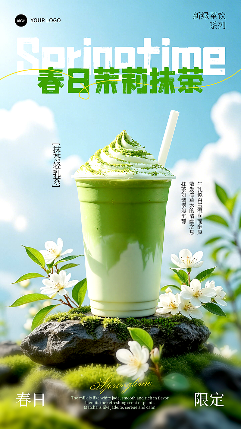 春日茉莉抹茶奶茶海报 春季新品
