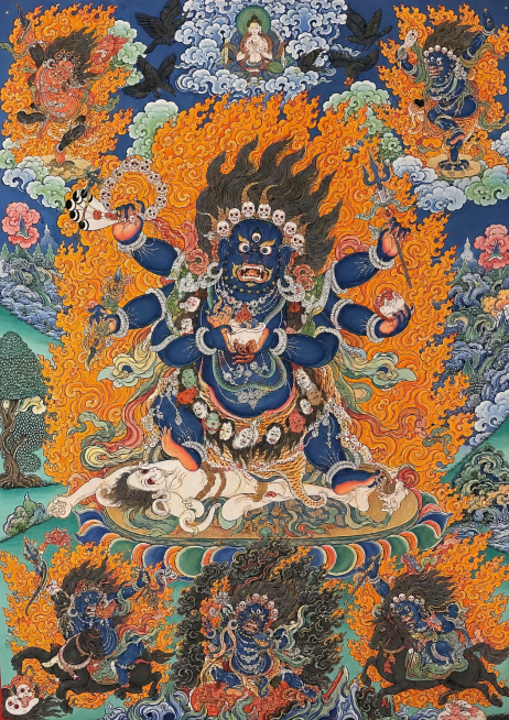 参考这张唐卡的风格，重新生成带有六臂大黑天护法的唐卡画面，保留宗教唐卡的色彩和构图风格预览效果
