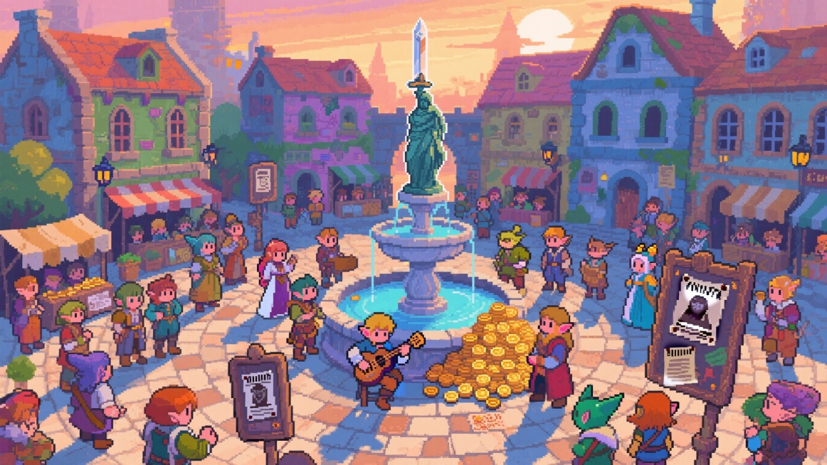 鸟瞰视角，像素艺术风格，复古游戏美学，色彩鲜艳，参考Paul Robertson风格。城边小镇中心广场，石砖广场中心喷泉雕像持剑指天，四周摊贩、冒险者、贵族、精灵混杂，人群密集。公告板贴满通缉令，悬赏预览效果