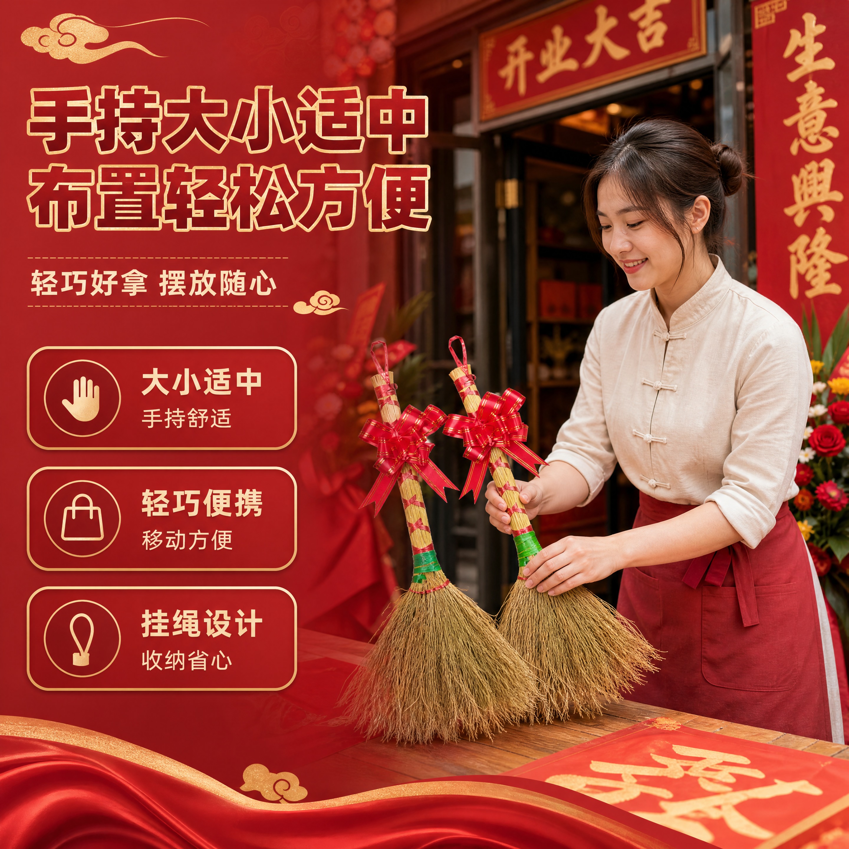 [商品] 使用【图2】双支小扫把斜款捆红绳开业摆件（含手持参考… - 图片创意预览