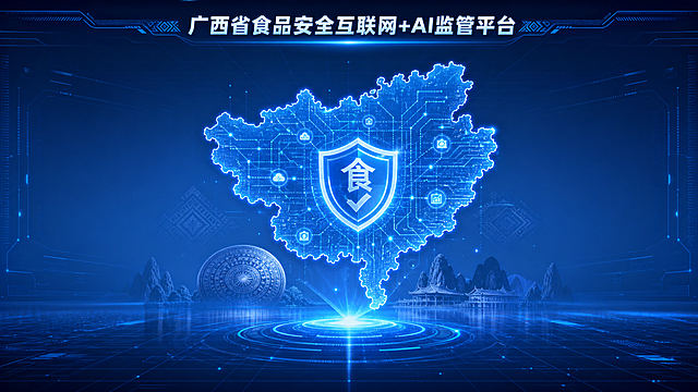 蓝色科技风，广西省食品安全互联网+AI监管平台主题，中心放置广西省轮廓地图，融入芯片科技纹理，添加盾牌安全元素，带有广西特色文化符号，两侧留白区域预留用于数据展示，整体蓝色调科技感，16:9