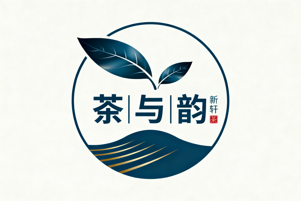 中式茶饮品牌Logo，整体风格简约雅致、东方禅意、现代几何感。图形主体：外框是不闭合的深青蓝色圆形线条，线条粗细均匀，弧度柔和，营造包容圆满意境。核心元素：上方是两片深青蓝色茶叶叶片，一大一小，叶脉清预览效果