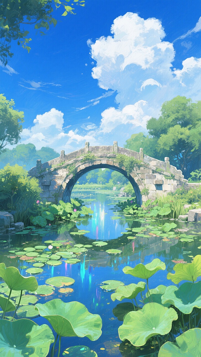 夏日的池塘，有古老的石桥，翠绿的大大的荷叶，天气晴朗，深蓝色天空，白云，二次元手绘风格，整体色彩鲜艳明亮