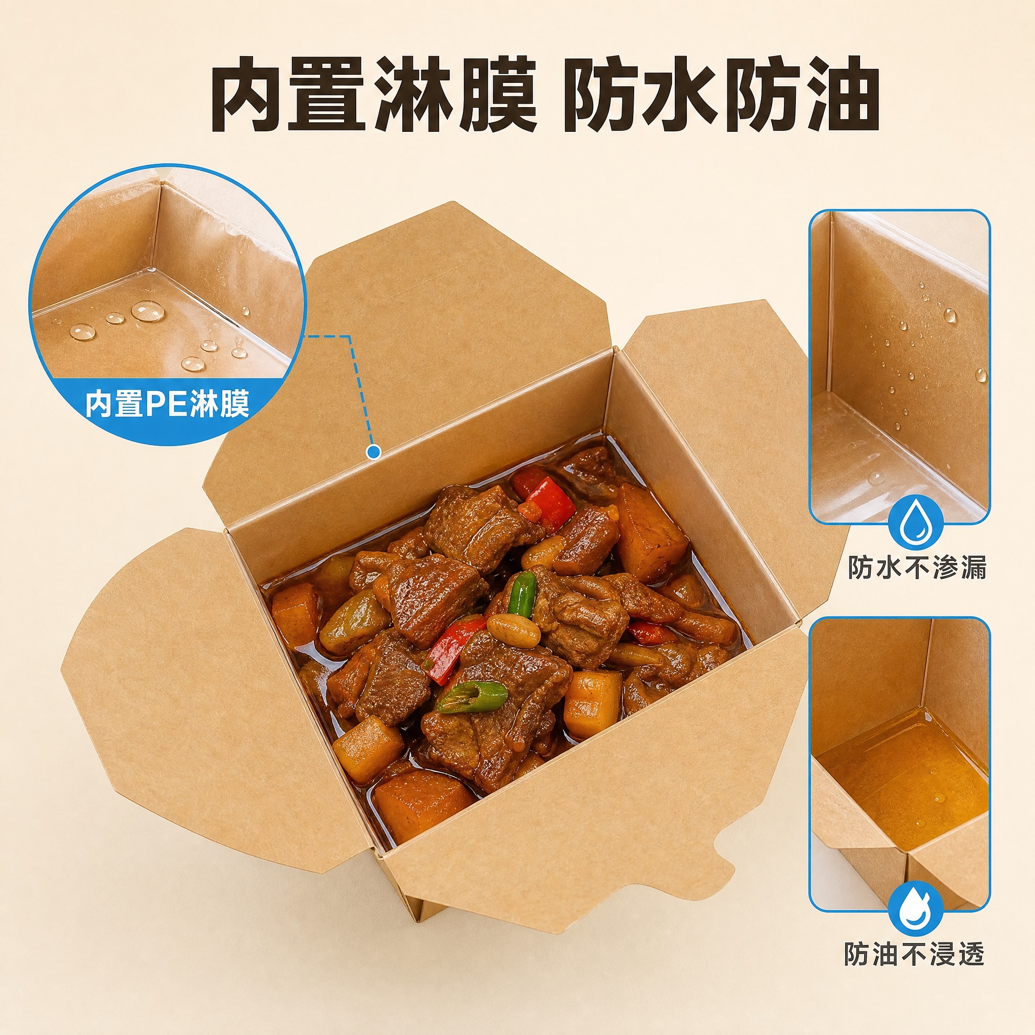 [主图-3] 内置淋膜防水防油卖点证明图，展示餐盒内壁淋膜层的… - 图片创意预览