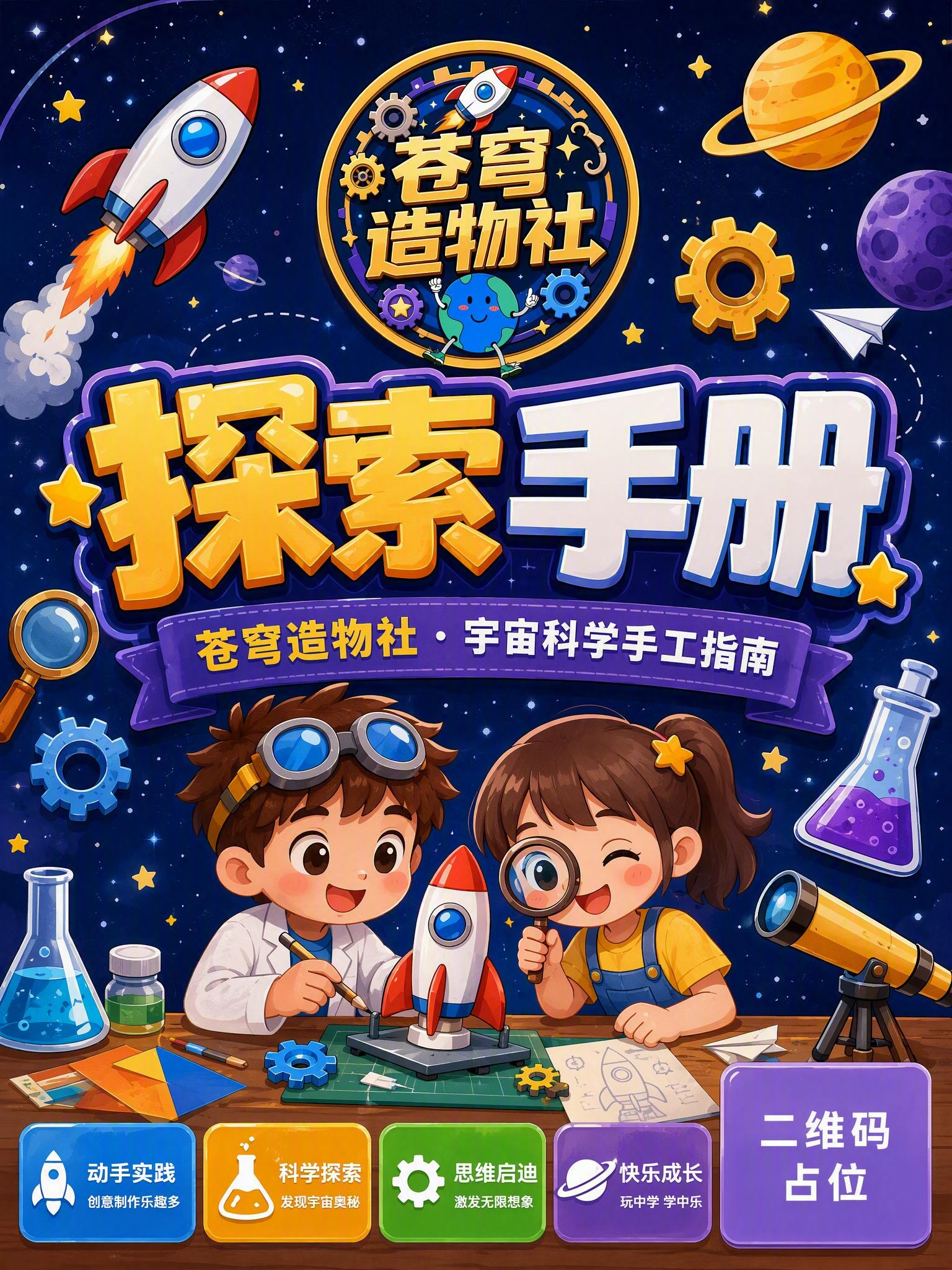 卡通风格的儿童科学手工手册封面，竖版3:4比例。画面顶部放置参… - 图片创意预览