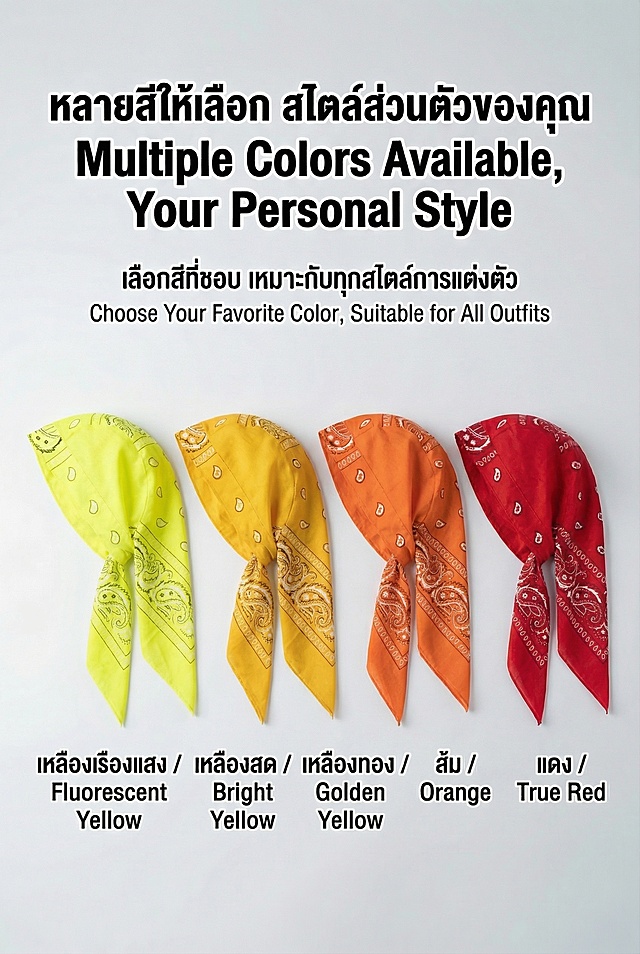 保持原图的画幅尺寸、排版布局、文案内容和整体风格不变，将原有的红、黑、藏蓝、白四个颜色的头巾，更换为新增的5种颜色：荧光黄、亮黄、金黄、橙色、正红，严格参考后面5张参考图的颜色和腰果花图案细节，每个头巾颜色和图案都和参考图保持一致，修改颜色名称标注（泰文+英文）和参考图保持一致，背景保持浅灰色极简背景不变，文案字体、排版、颜色都保持不变，保留所有细节，画面高清，色彩还原准确