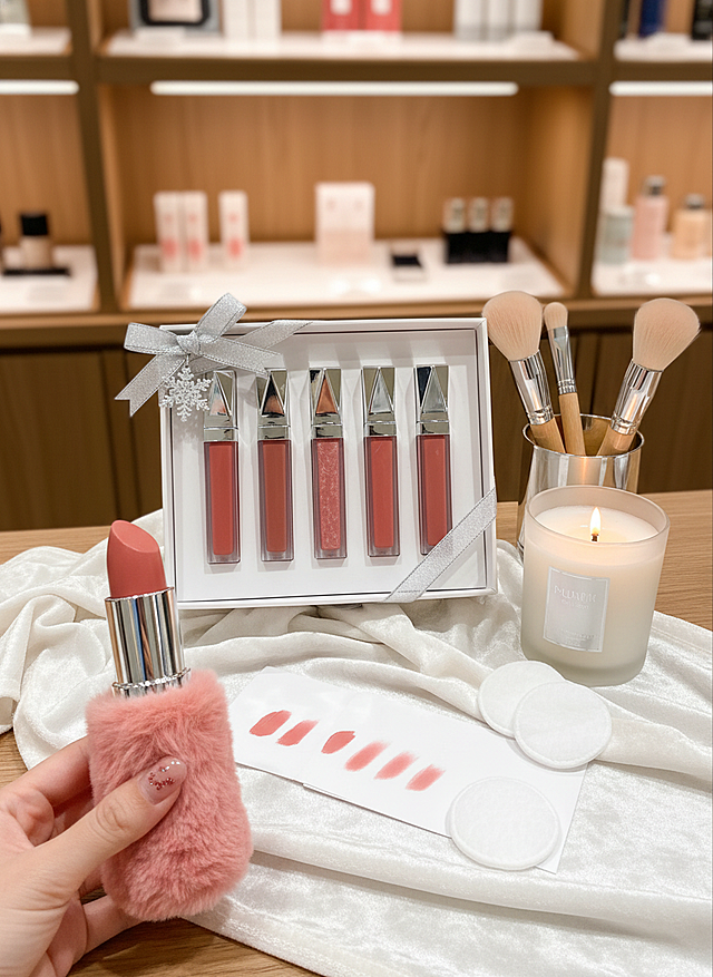 写实摄影风格，中心偏右构图。主视觉是装着6支图示口红的冬日礼盒，旁侧摆香薰蜡烛与化妆刷。左下方手举毛绒口红摆件（复刻管身，毛绒质感蓬松）。场景是美妆柜台，木质台面铺米白丝绒布，摆试色卡与卸妆棉，背景是亮暖灯的货架，暖光衬得口红颜色更饱和，专业又显质感。