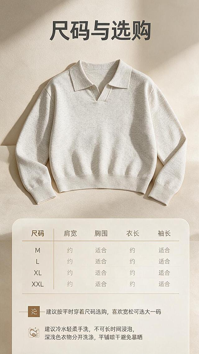 [商品] 使用【图1】米白色V型翻领针织polo衫；商品处理：保留翻领、V型领口、长袖、罗纹袖口、罗纹下摆、米白花纱针织面料颜色和版型；自然去皱，呈现平整的平铺效果，不改变版型和结构。
[画面] 目标：尺码与选购信息页，提供清晰的选码参考。构图：上方为服装正面平铺图（占画面约40%），下方为尺码表格+选码建议；背景为浅米色哑光台面，整体干净整洁。左侧平铺，右侧及下方信息区。
[视觉] 套系策略：风格=轻熟通勤高级商业摄影；标题字=现代无衬线粗体（字重偏粗，带轻微字距）；正文字=简洁无衬线体；主色=米白杏；背景延展=基于米白杏做深浅层级、同色渐变和细腻织物/哑光墙面质感；强调色=深棕咖，仅用于小面积图标、引线、标签和装饰线；标题色=深炭灰；正文色=中暖灰；组件=圆角浅底信息卡、细棕线引线、小方块标签；光影=左前侧暖柔光，柔和自然阴影。
[文字] 顶部主标题「尺码与选购」，下方表格含尺码（M/L/XL/XXL）、肩宽、胸围、衣长、袖长字段（用约/适合等保守表达，不虚构精确数值）；表格下方选码建议：「建议按平时穿着尺码选购，喜欢宽松可选大一码」；再下方一行洗涤提示。文字全部横排，表格清晰易读。
[规格] 图片比例9:16竖版，resolution=1K，避免变形、错字、文字过小、冷蓝/蓝灰背景、衣服颜色改变、版型失真、极限词。