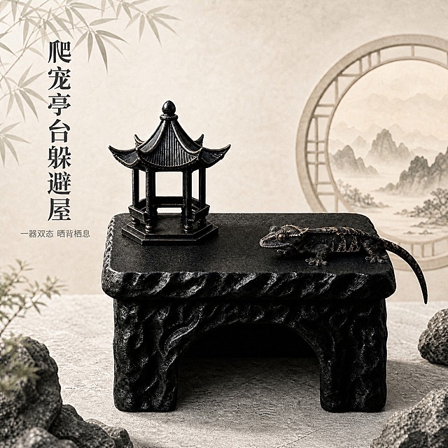 1. 删除右上角的红色「墨隐」印章文字，删除后用周围的墙面和圆窗背景自然填充，不留痕迹；
2. 删除右下角的三个文字标签（上层晒背、下层深穴、减少应激），删除后用周围的石面背景自然填充，不留痕迹；
3. 产品本身、爬宠、背景、左侧文字（爬宠亭台躲避屋、一器双态晒背栖息）、左下角山石植物、竹叶、圆窗山水等所有其他元素保持原样不变。