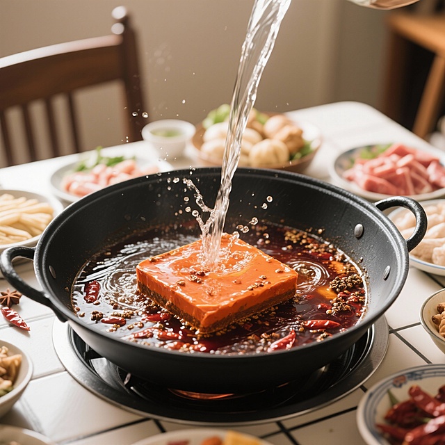 中放入 1 块橙红色火锅底料（底料内嵌辣椒碎和花椒），清水正从上方注入锅中，水流冲击水面形成细密水花与波纹。场景设定：家庭餐桌场景，锅具置于餐桌中央，锅具周围摆放着火锅食材，呈风格参考：美食烹饪过程特写摄影，偏向生活化的美食 vlog 画面质感，细节真实自然。色彩色调：暖色调为主，火锅底料的橙红与清水的透明感形成对比，锅具的深黑色衬托食材色彩，整体色调鲜活且有生活气息。构图视角：近距离特写视角（略微俯拍），锅具与底料占据画面核心区域，水流为视觉动态焦点。附加细节：底料表面带有轻微油光质感，水流呈现清晰的流动轨迹，水面泛起细碎泡沫，光线柔和打亮底料与水流的细节