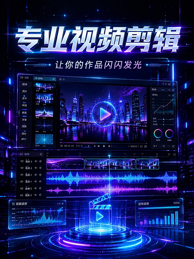 [第1屏] 详情页头图，视频制作剪辑服务宣传主图。
[氛围/风格] 极致炫酷满满的科技风，赛博朋克未来感，霓虹光效，数字流动光影，高级商业设计感。
[元素布局] 画面中心是炫酷的视频剪辑界面元素，包含时间轴、剪辑轨道、发光波形图和数据流，整体构图稳定有力，科技元素错落分布，主体占据画面65%左右，周围点缀霓虹蓝紫色粒子光效。
[光影质感] 蓝紫色霓虹主光，白色数据流辅助光，明暗层次分明，金属和玻璃质感突出，光线流动感强烈。
[配色色系] 全局底色 #0A0E26，主色霓虹蓝 #0088FF，辅助色紫色 #9922FF，点缀色青色高光。
[视角构图] 正面平视构图，画面中心为视觉焦点，阅读动线从上到下清晰流畅。
[文字版式] 上方主标题 "专业视频剪辑"，下方副标题 "让你的作品闪闪发光"，主标题粗体赛博风格字，副标题浅色科技字体，文字不遮挡主体，清晰可读。
[比例分辨率] 宽高比 3:4，4K分辨率，文字清晰可辨，高清画质。
[负向提示词] 文字错乱，文字过小，变形，水印，缺件错件，颜色偏差，背景杂乱。