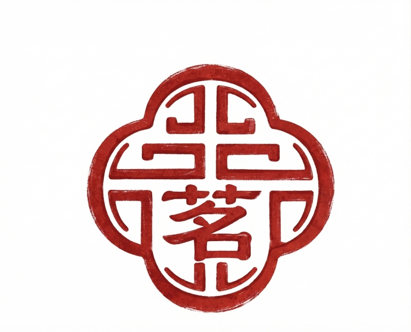 生成一个名为“观茗”的中式商标，使用图2的四叶花形外框，保持参考图里中式传统回纹雕刻风格，红色配色，在轮廓内重新设计融入“观茗”两个汉字，替换原有的纹样，做成印章风格的logo预览效果