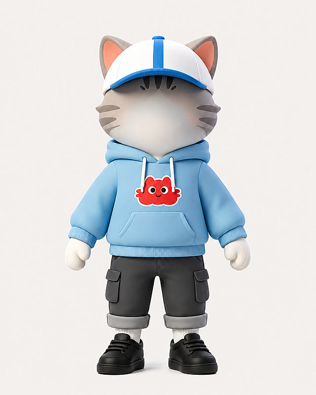 去掉猫咪脸部的眼睛、胡子、嘴巴和鼻子，保留整体造型和其他服饰细节不变，保持3D黏土卡通风格，干净纯色背景