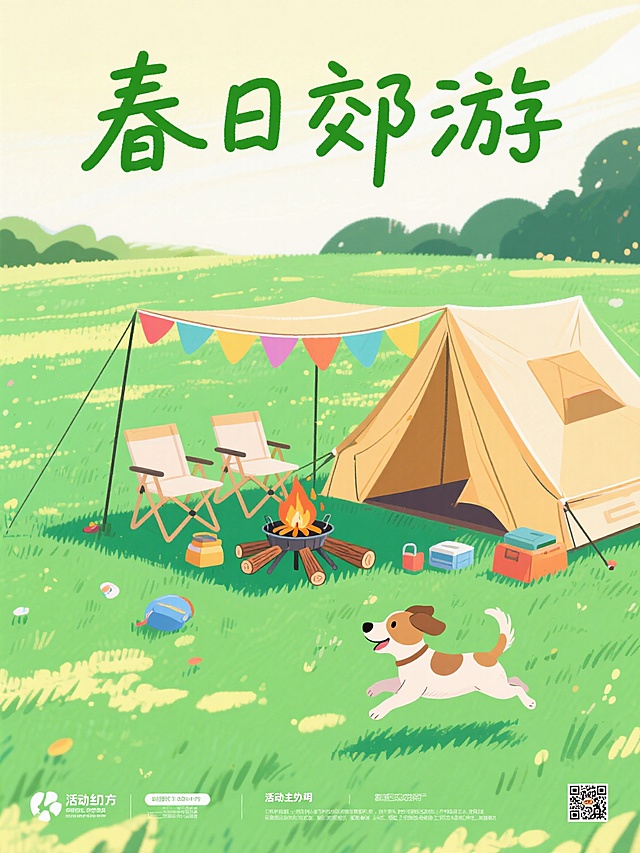 做一张“春日郊游”海报，扁平插画元素，露营，草地，奔跑小狗，噪点质感，撞色搭配